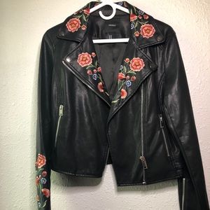 Faux leather jacket w embroidered flowers